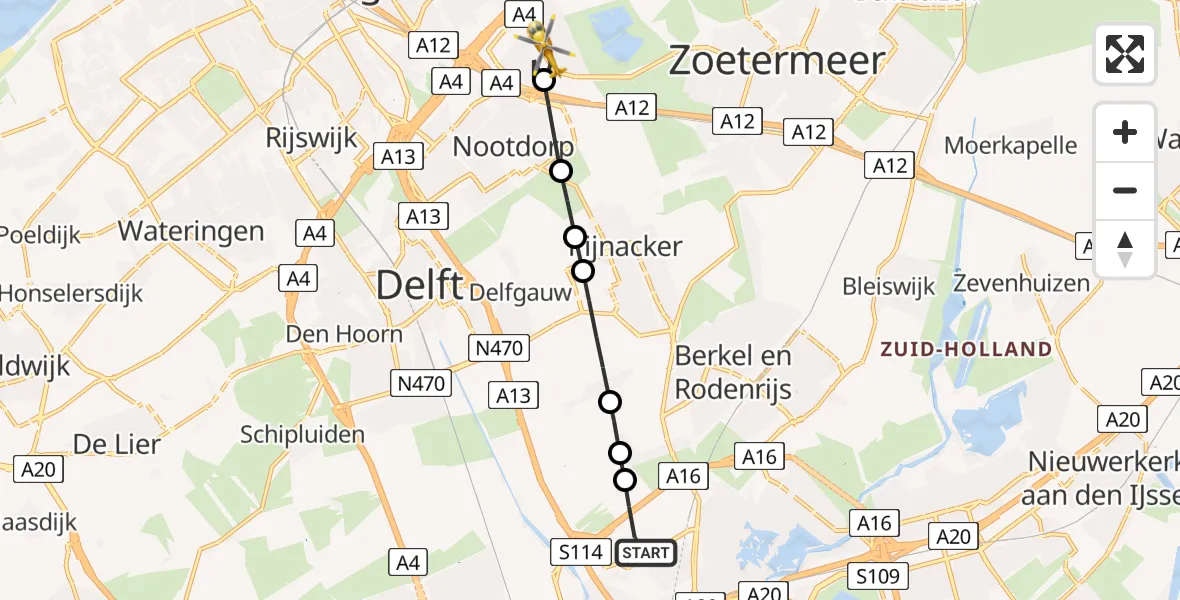 Vluchtroute Traumahelikopter van Rotterdam The Hague Airport naar Den Haag