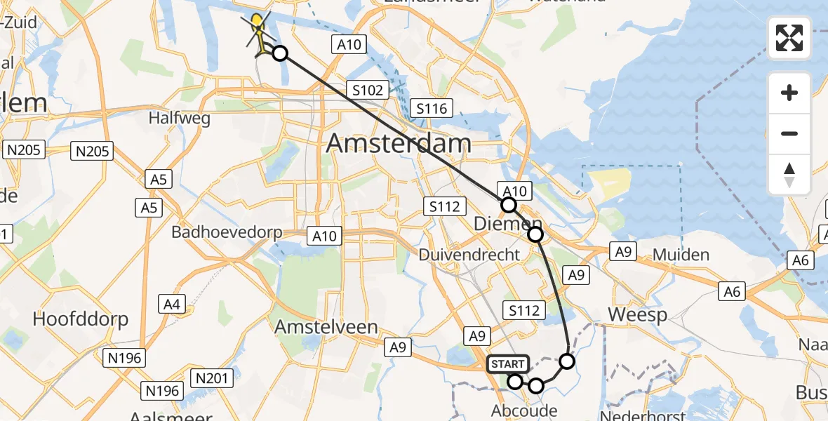 Routekaart van de vlucht: Lifeliner 1 naar Amsterdam Heliport, Abcouderstraatweg