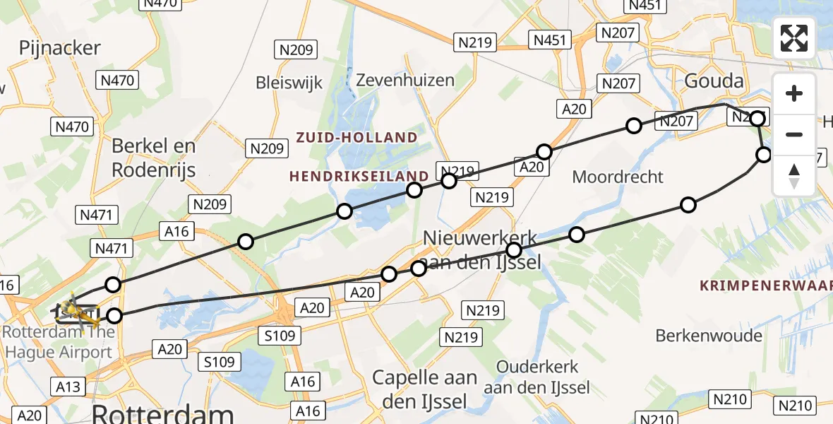 Vluchtroute Traumahelikopter van Rotterdam The Hague Airport naar Rotterdam The Hague Airport