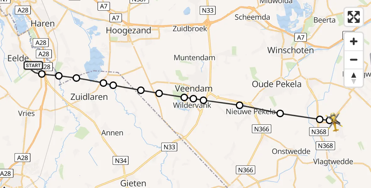 Vluchtroute Traumahelikopter Groningen Airport Eelde - Vriescheloo, 09 september 2024, 17:55