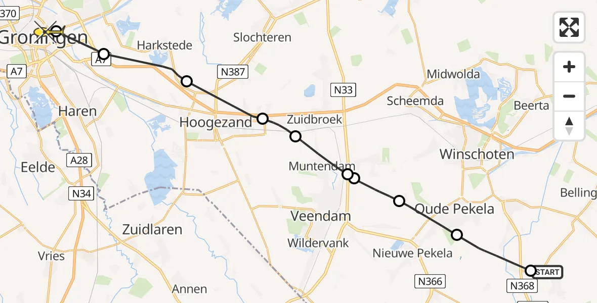Routekaart van de vlucht: Lifeliner 4 naar Universitair Medisch Centrum Groningen, Lageweg