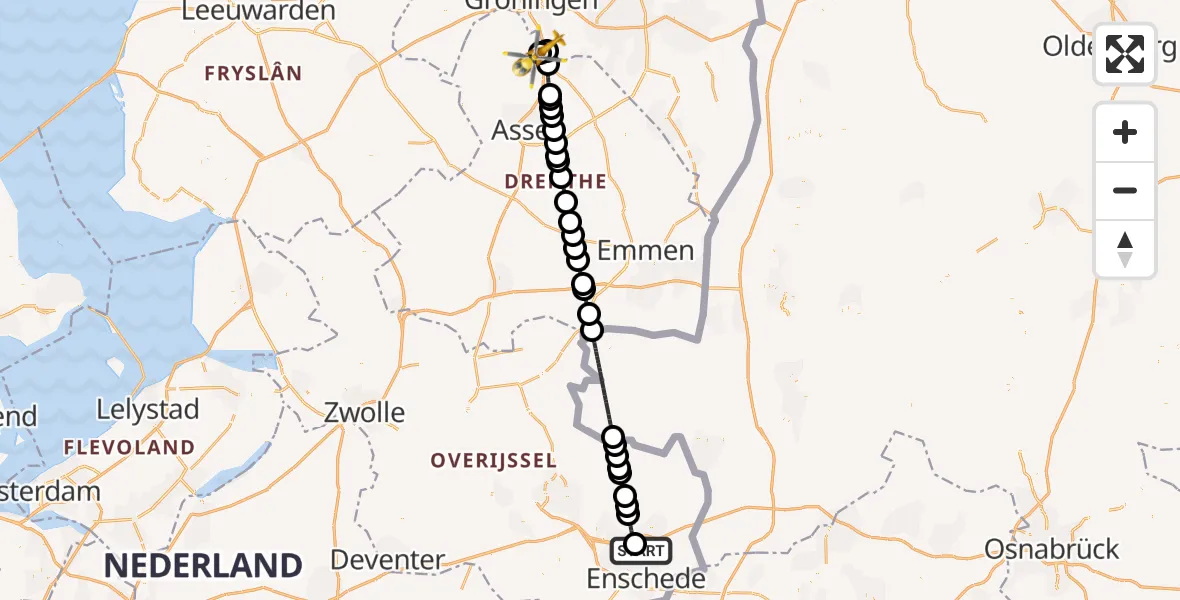 Routekaart van de vlucht: Traumahelikopter naar Groningen Airport Eelde, Weerseloseweg
