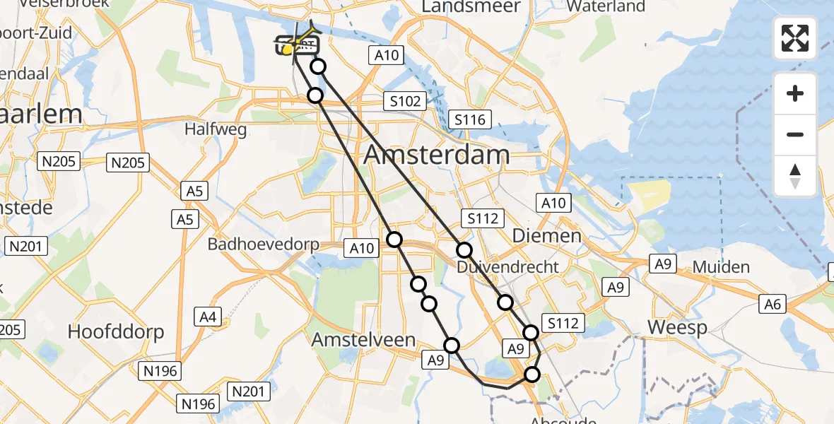 Routekaart van de vlucht: Lifeliner 1 naar Amsterdam Heliport, Corsicaweg