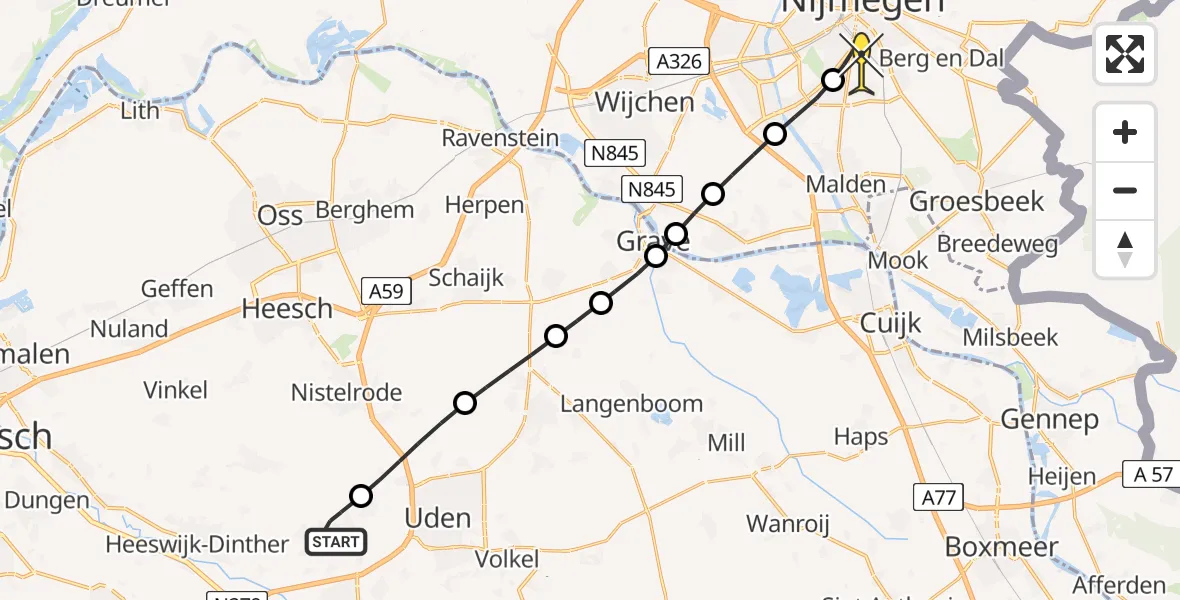 Routekaart van de vlucht: Lifeliner 3 naar Radboud Universitair Medisch Centrum, Hondstraat