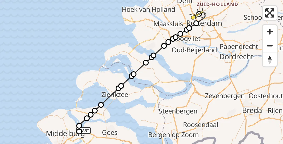 Routekaart van de vlucht: Kustwachthelikopter naar Rotterdam The Hague Airport, Rijksweg