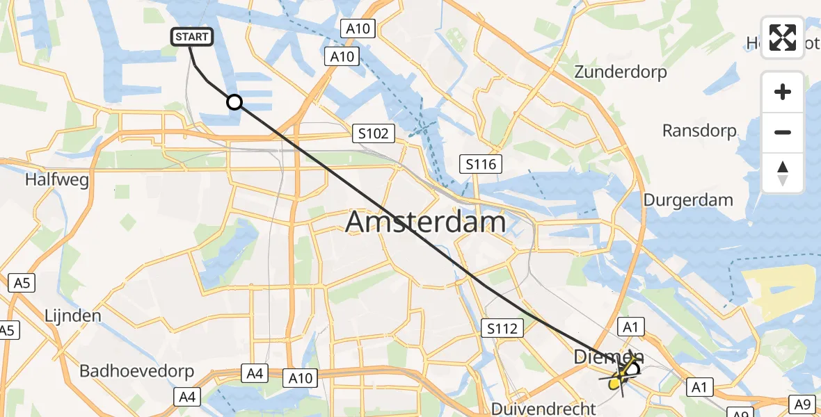 Routekaart van de vlucht: Lifeliner 1 naar Diemen, Corsicaweg