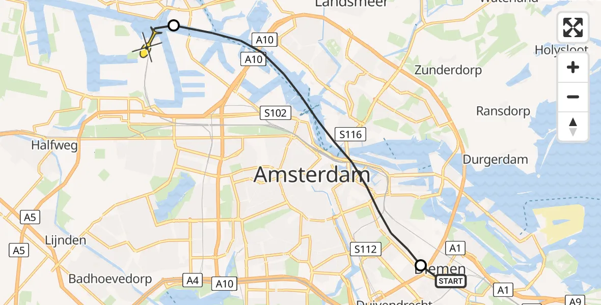 Routekaart van de vlucht: Lifeliner 1 naar Amsterdam Heliport, Praterlaan