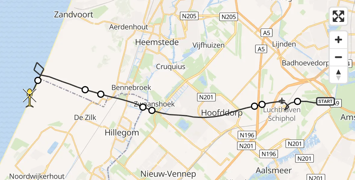 Routekaart van de vlucht: Politieheli naar Noordwijk, Loevesteinse Randweg