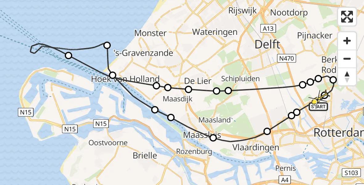 Routekaart van de vlucht: Kustwachthelikopter naar Rotterdam The Hague Airport, Doenkadepad