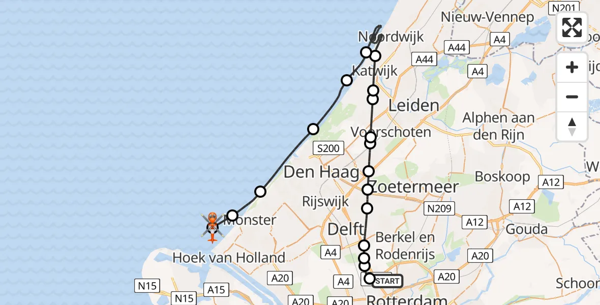 Vluchtroute Kustwachthelikopter van Rotterdam The Hague Airport naar 