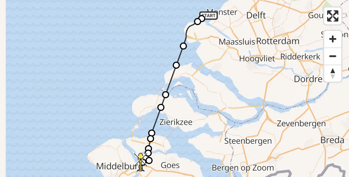 Routekaart van de vlucht: Kustwachthelikopter naar Vliegveld Midden-Zeeland, Calandweg