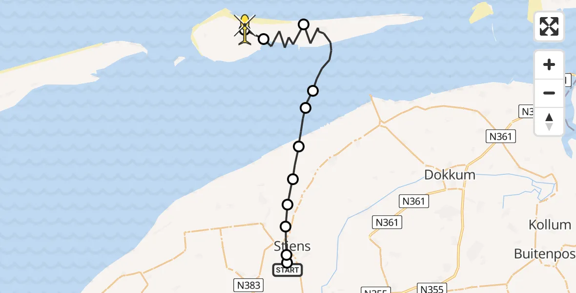 Routekaart van de vlucht: Ambulanceheli naar Ameland Airport Ballum, Brédyk