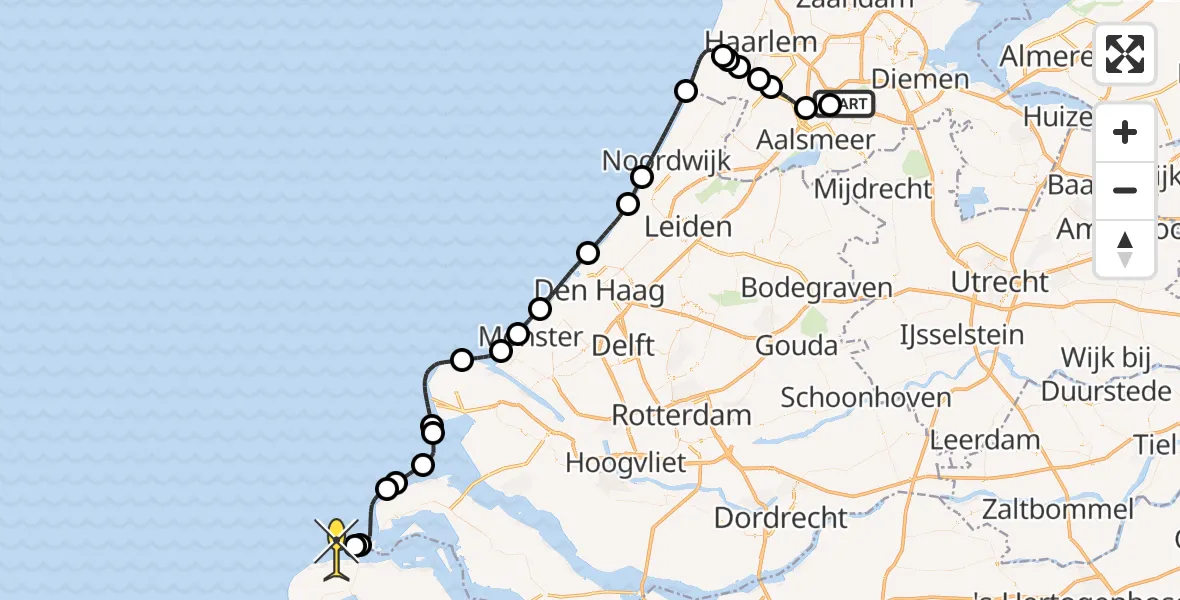 Routekaart van de vlucht: Politieheli naar Renesse, Amsterdam-Bataviaweg