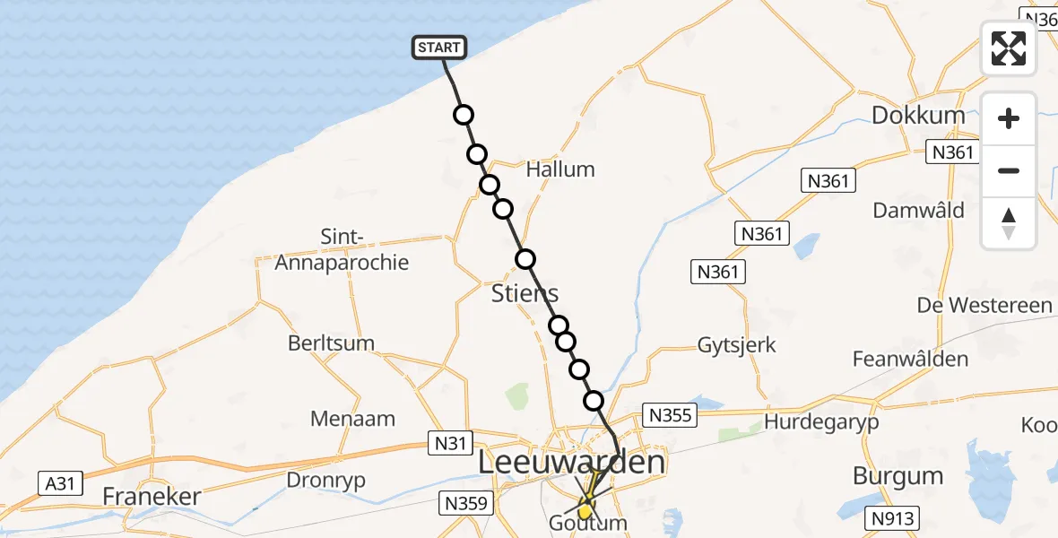 Routekaart van de vlucht: Ambulanceheli naar Leeuwarden, Borniastraat