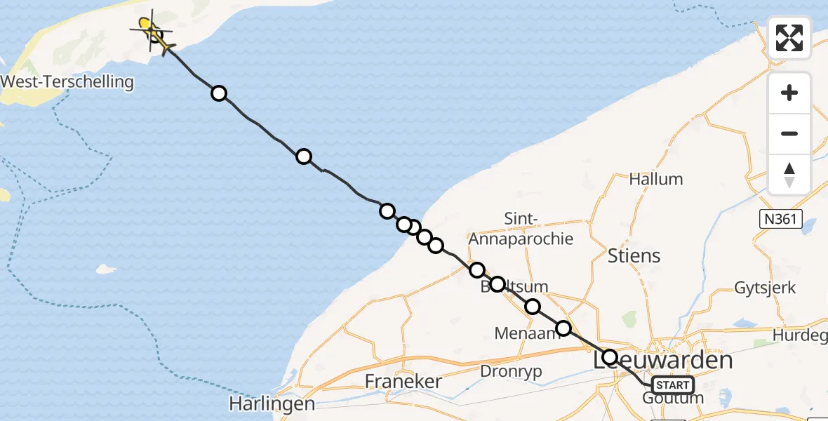 Routekaart van de vlucht: Ambulanceheli naar Landerum, Nijlânsdyk