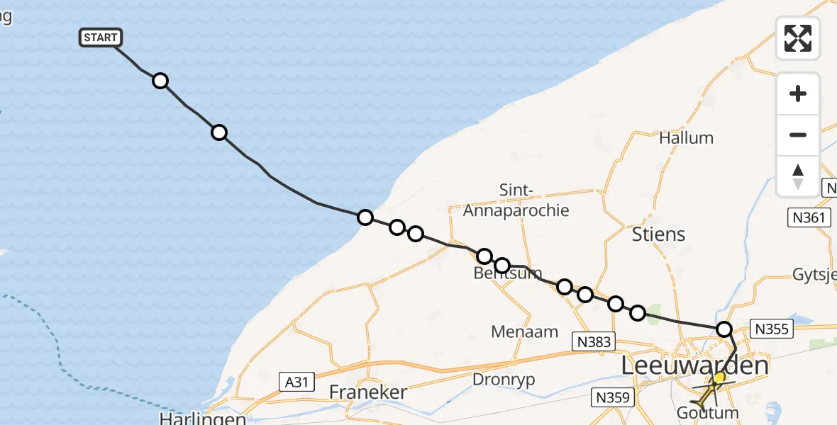 Routekaart van de vlucht: Ambulanceheli naar Leeuwarden, Noorder Balgen