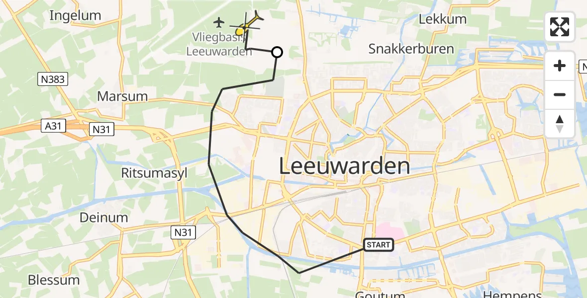 Vluchtroute Ambulancehelikopter van Leeuwarden naar Vliegbasis Leeuwarden