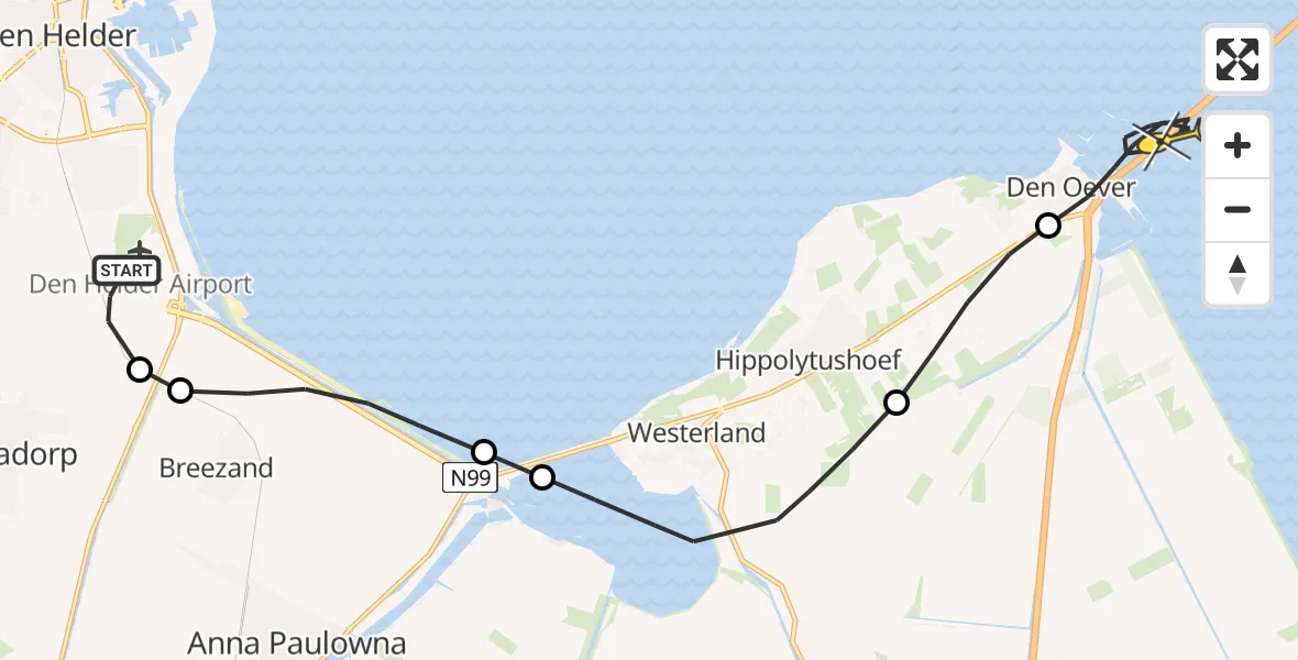 Routekaart van de vlucht: Kustwachthelikopter naar Den Oever, Rijksweg