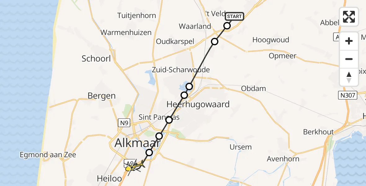 Routekaart van de vlucht: Lifeliner 2 naar Alkmaar, De Leijen