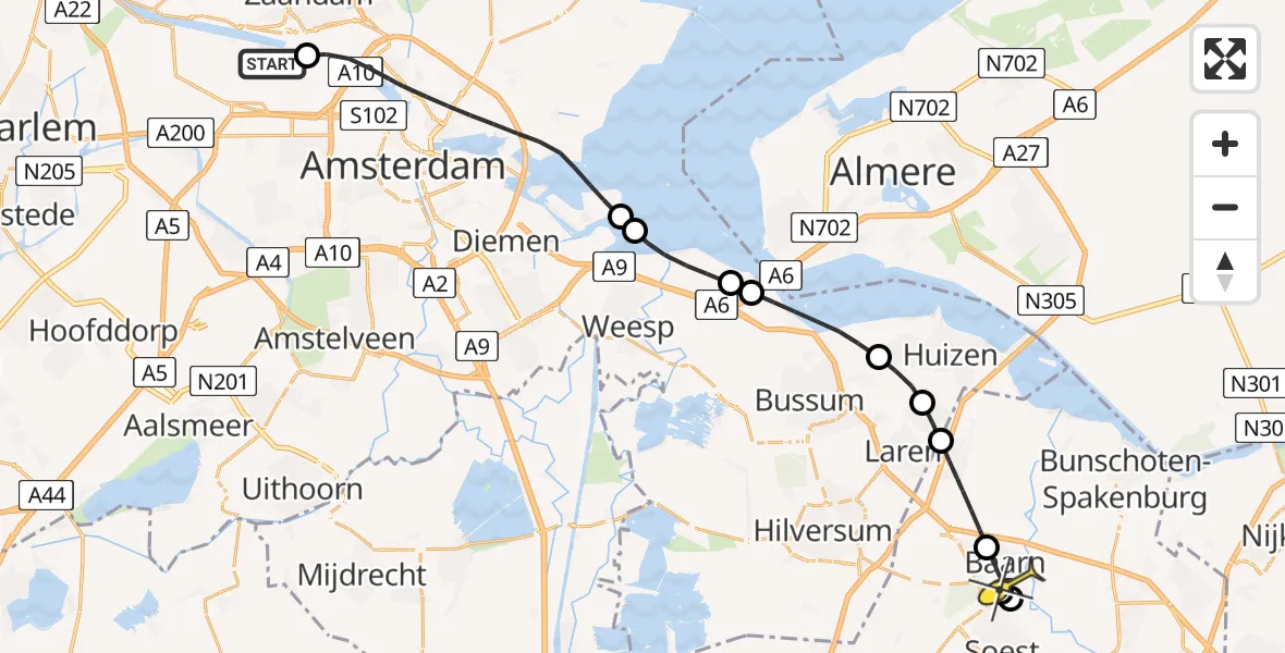 Routekaart van de vlucht: Lifeliner 1 naar Baarn, Westhavenweg