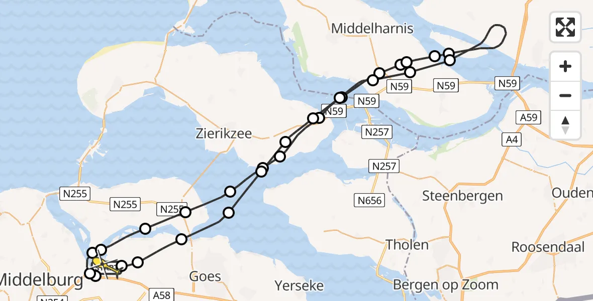 Routekaart van de vlucht: Kustwachthelikopter naar Vliegveld Midden-Zeeland, Postweg