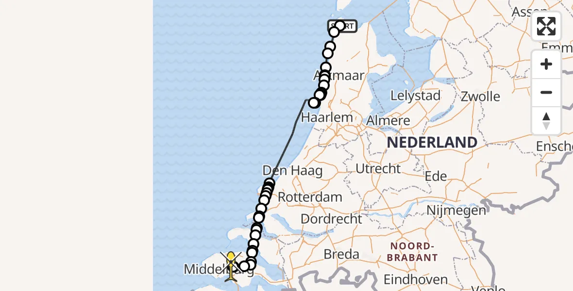 Routekaart van de vlucht: Kustwachthelikopter naar Vliegveld Midden-Zeeland, Middenvliet