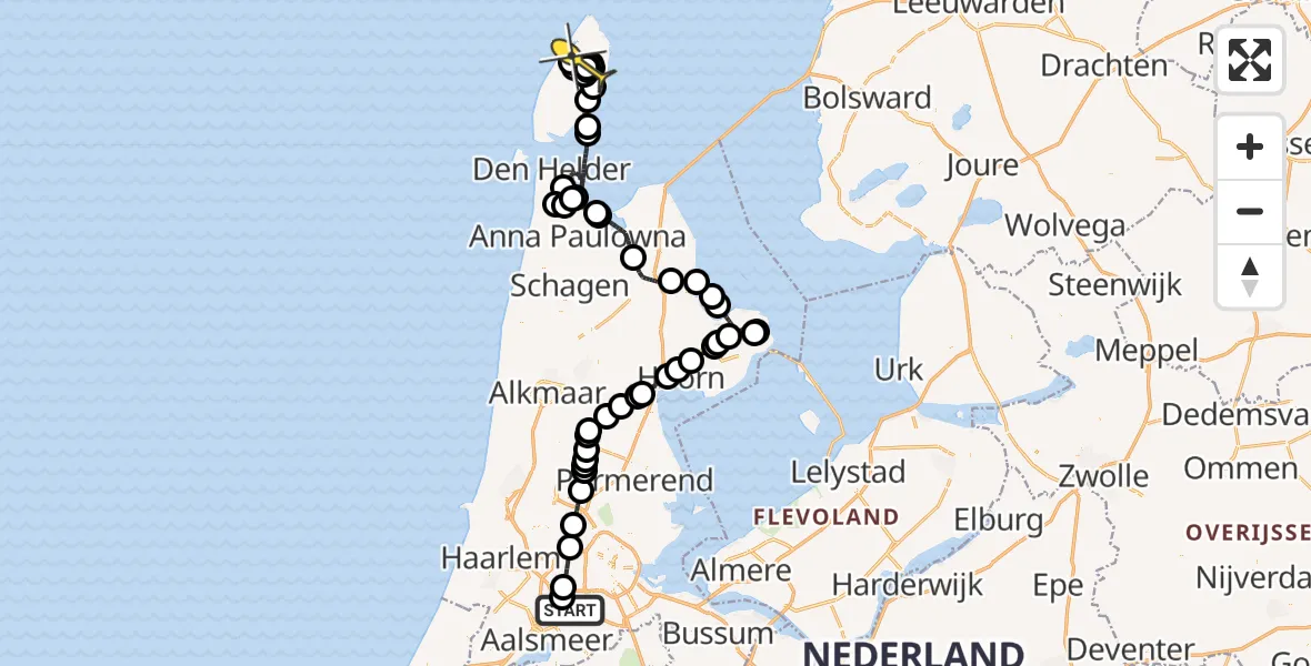 Routekaart van de vlucht: Politieheli naar Texel International Airport, Amsterdam-Bataviaweg