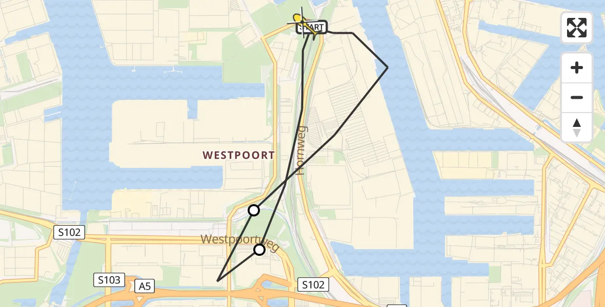 Routekaart van de vlucht: Lifeliner 1 naar Amsterdam Heliport, Nieuw-Zeelandweg