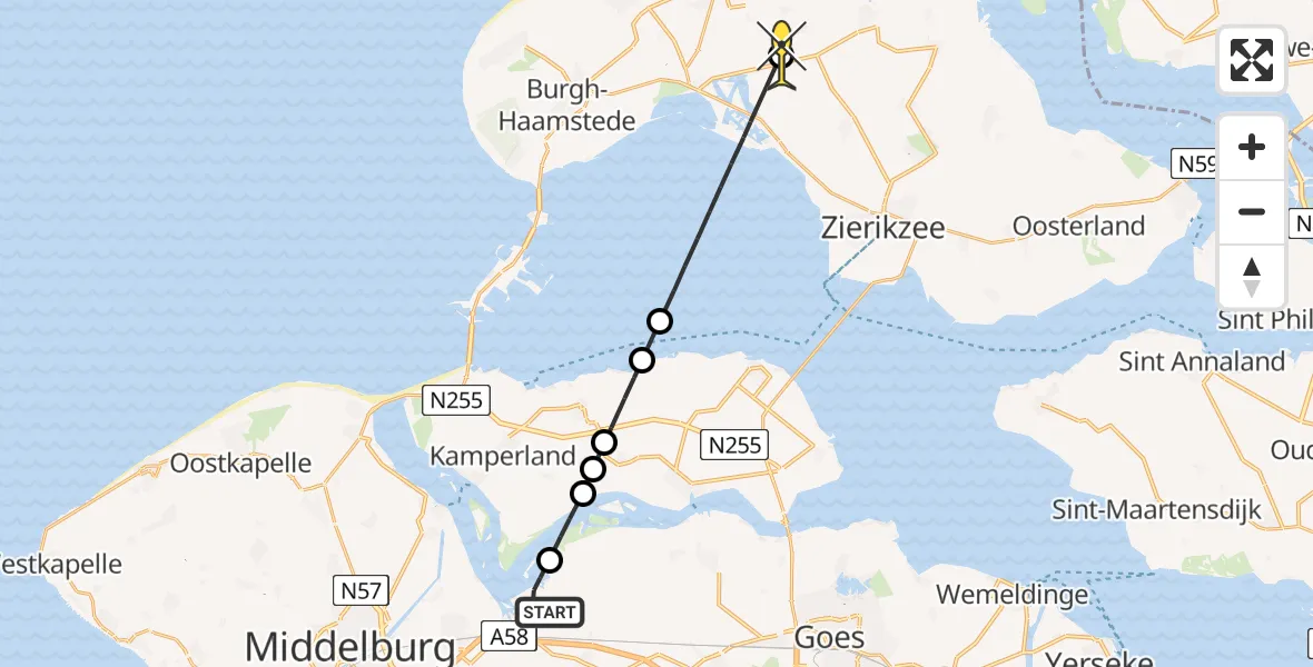 Routekaart van de vlucht: Kustwachthelikopter naar Scharendijke, Muidenweg