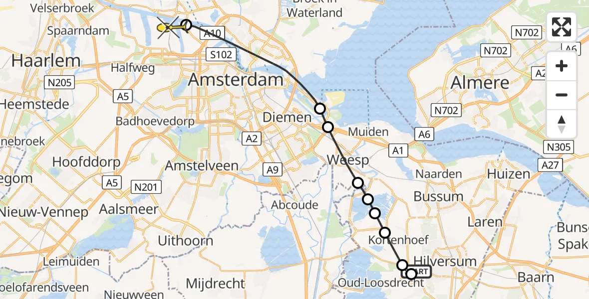 Routekaart van de vlucht: Lifeliner 1 naar Amsterdam Heliport, 's-Gravelandsevaartweg