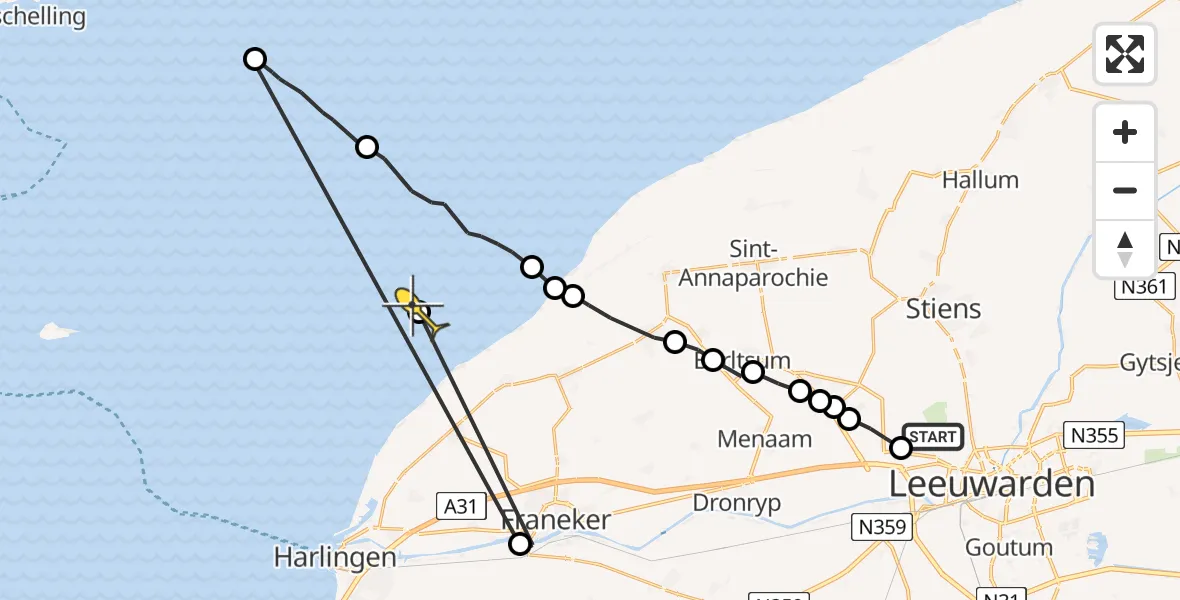 Routekaart van de vlucht: Ambulanceheli naar Formerum, Ljouwerterdyk