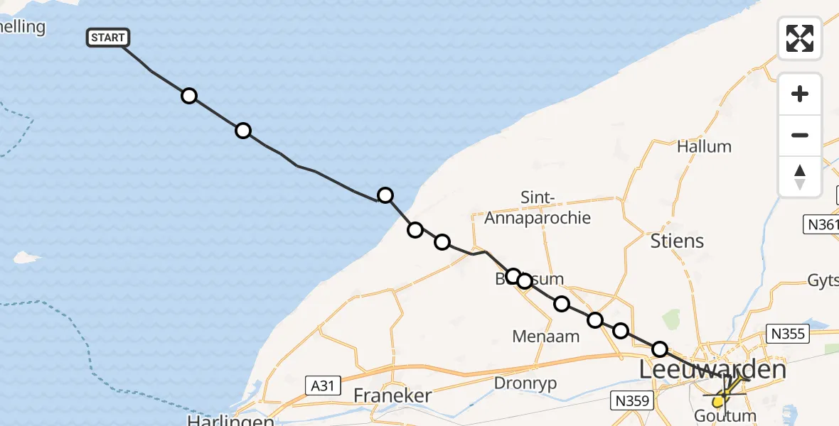 Routekaart van de vlucht: Ambulanceheli naar Leeuwarden, Noorder Balgen