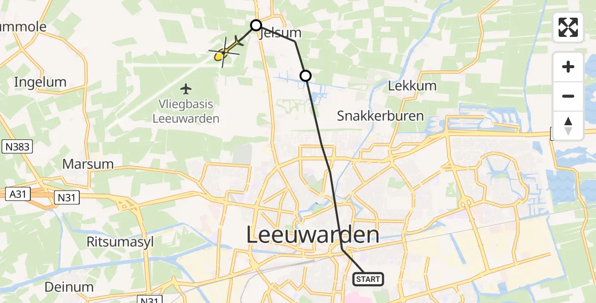 Vluchtroute Ambulancehelikopter van Leeuwarden naar Vliegbasis Leeuwarden