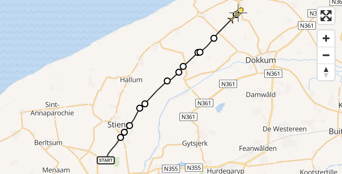 Routekaart van de vlucht: Ambulanceheli naar Hantum, Koarnjumer Feart