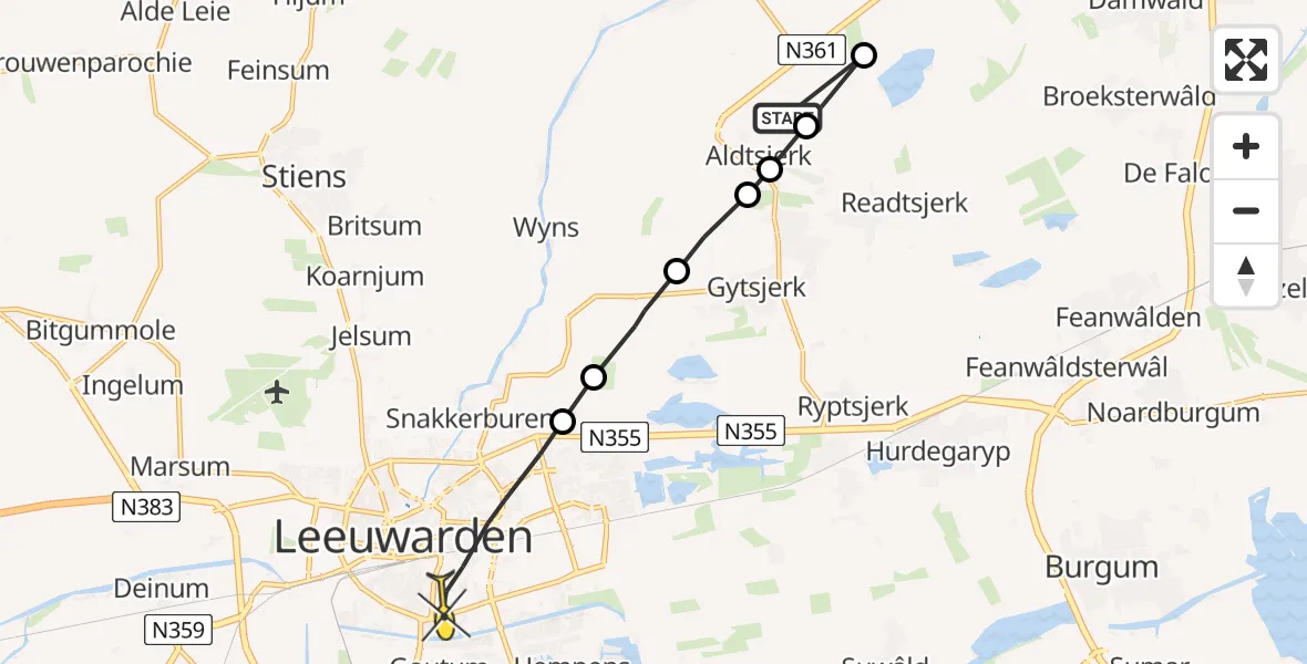 Routekaart van de vlucht: Ambulanceheli naar Leeuwarden, Wide Moark