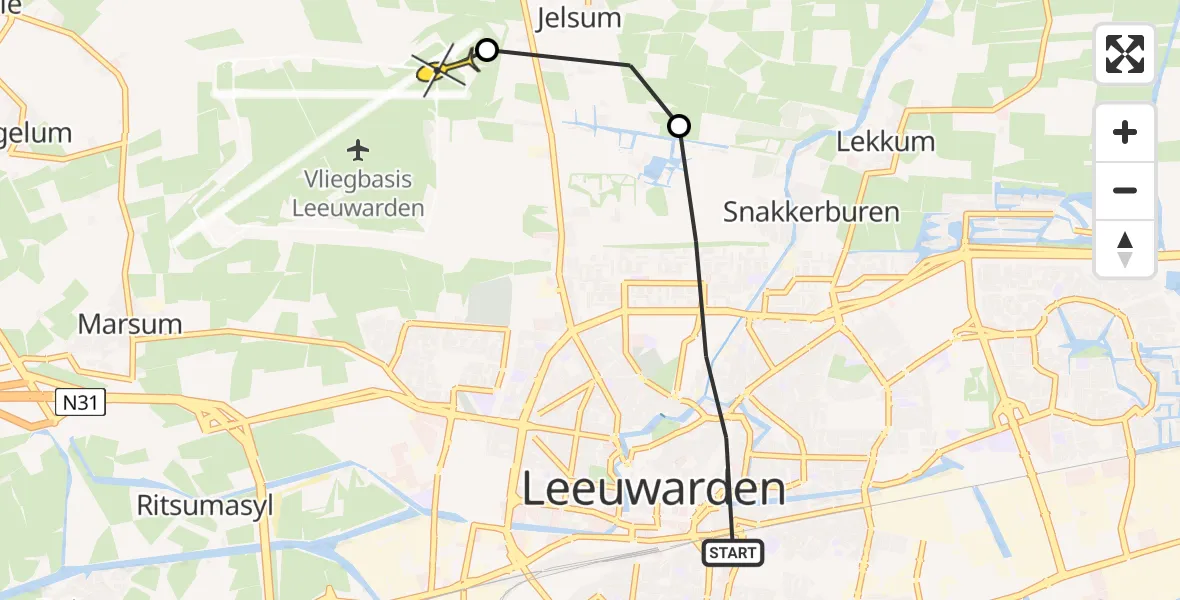 Vluchtroute Ambulancehelikopter van Leeuwarden naar Vliegbasis Leeuwarden