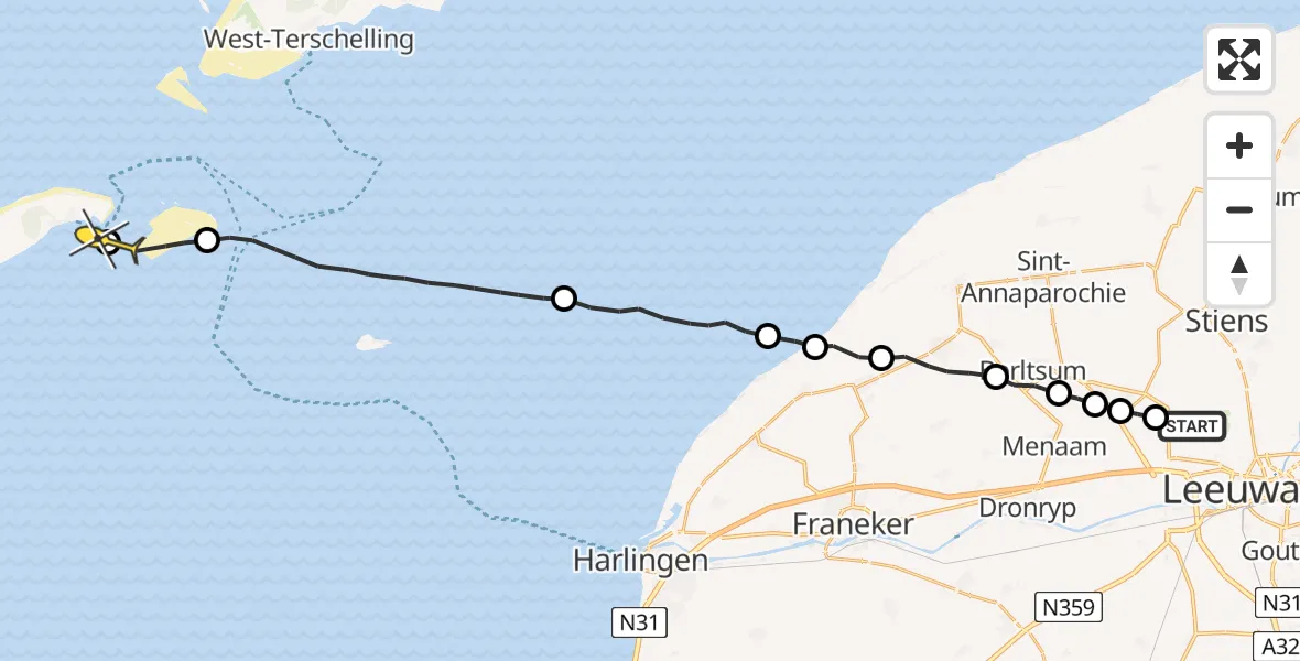 Routekaart van de vlucht: Ambulanceheli naar Vlieland Heliport, Tilledyk