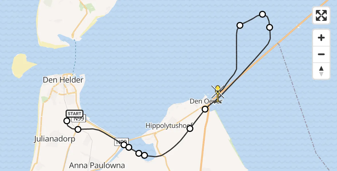 Routekaart van de vlucht: Kustwachthelikopter naar Den Oever, Kortevliet