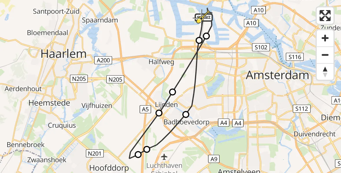 Routekaart van de vlucht: Lifeliner 1 naar Amsterdam Heliport, Nieuw-Zeelandweg