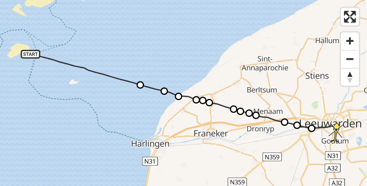 Routekaart van de vlucht: Ambulanceheli naar Leeuwarden, Vliestroom