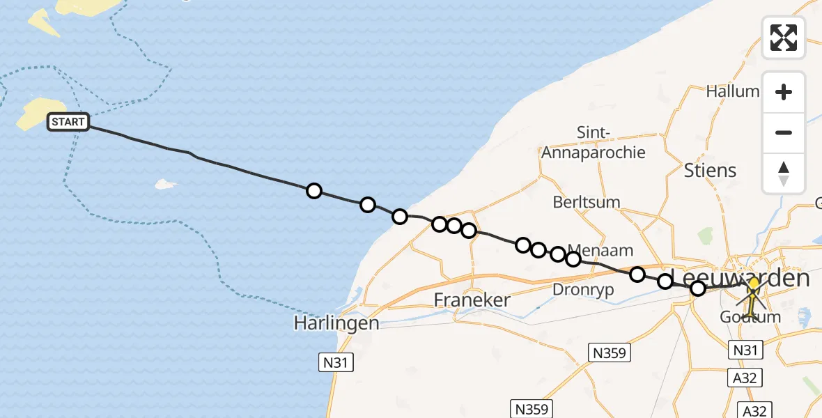 Routekaart van de vlucht: Ambulancehelikopter naar Leeuwarden, Vliestroom