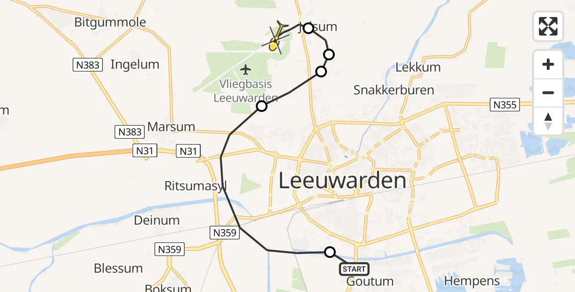 Routekaart van de vlucht: Ambulancehelikopter naar Vliegbasis Leeuwarden, Nijlânsdyk