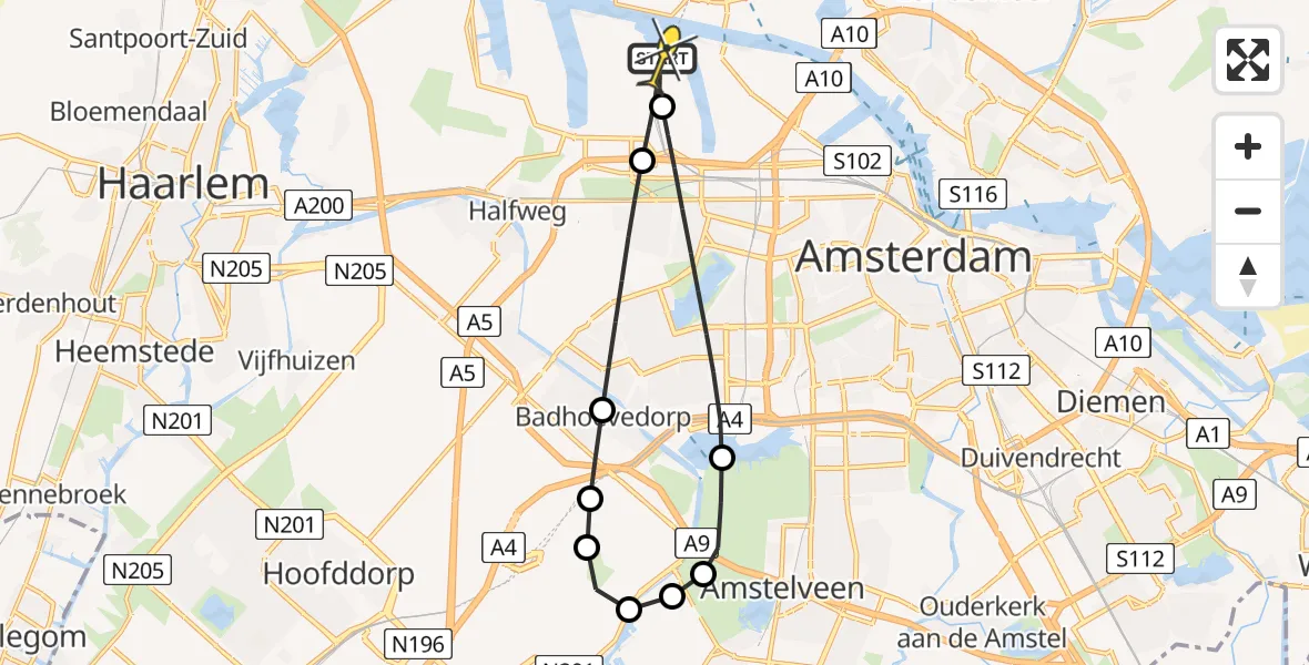 Routekaart van de vlucht: Lifeliner 1 naar Amsterdam Heliport, Westpoort