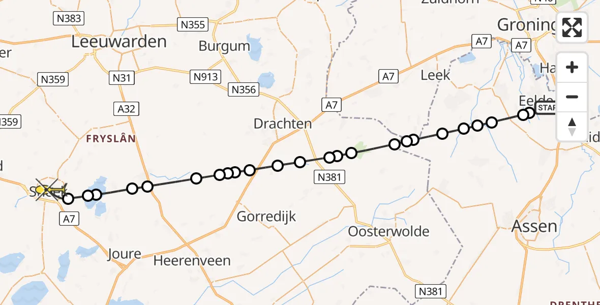 Routekaart van de vlucht: Lifeliner 4 naar Sneek, Veldkampweg