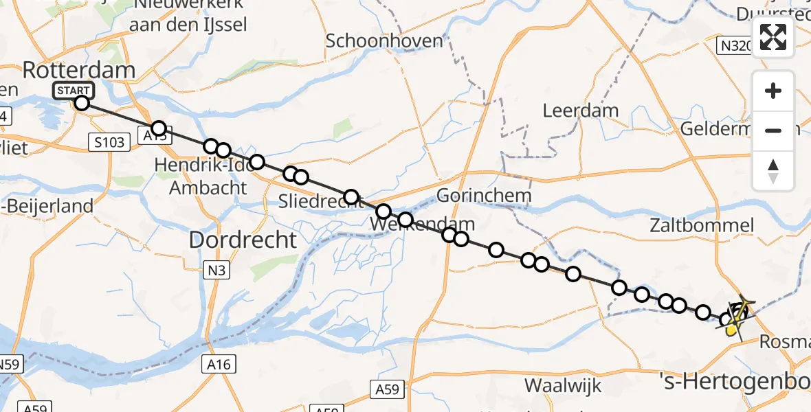 Routekaart van de vlucht: Lifeliner 2 naar 's-Hertogenbosch, Maastunnel