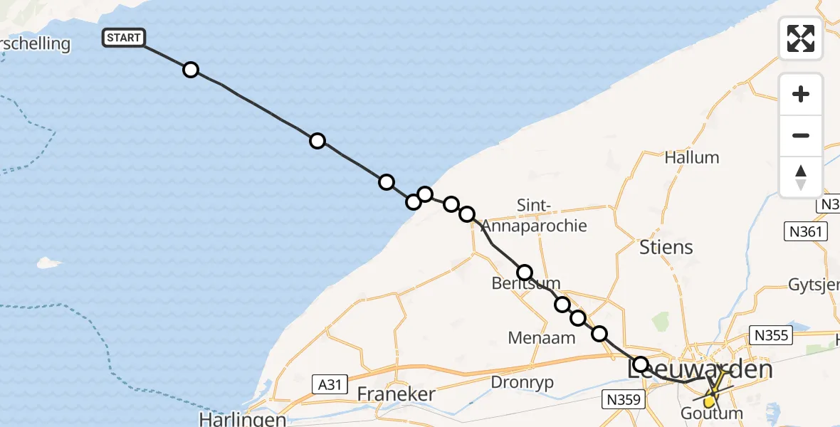 Routekaart van de vlucht: Ambulanceheli naar Leeuwarden, Borniastraat