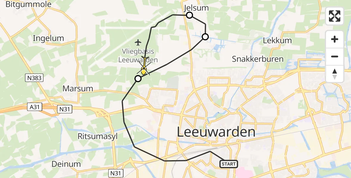 Vluchtroute Ambulancehelikopter van Leeuwarden naar Vliegbasis Leeuwarden