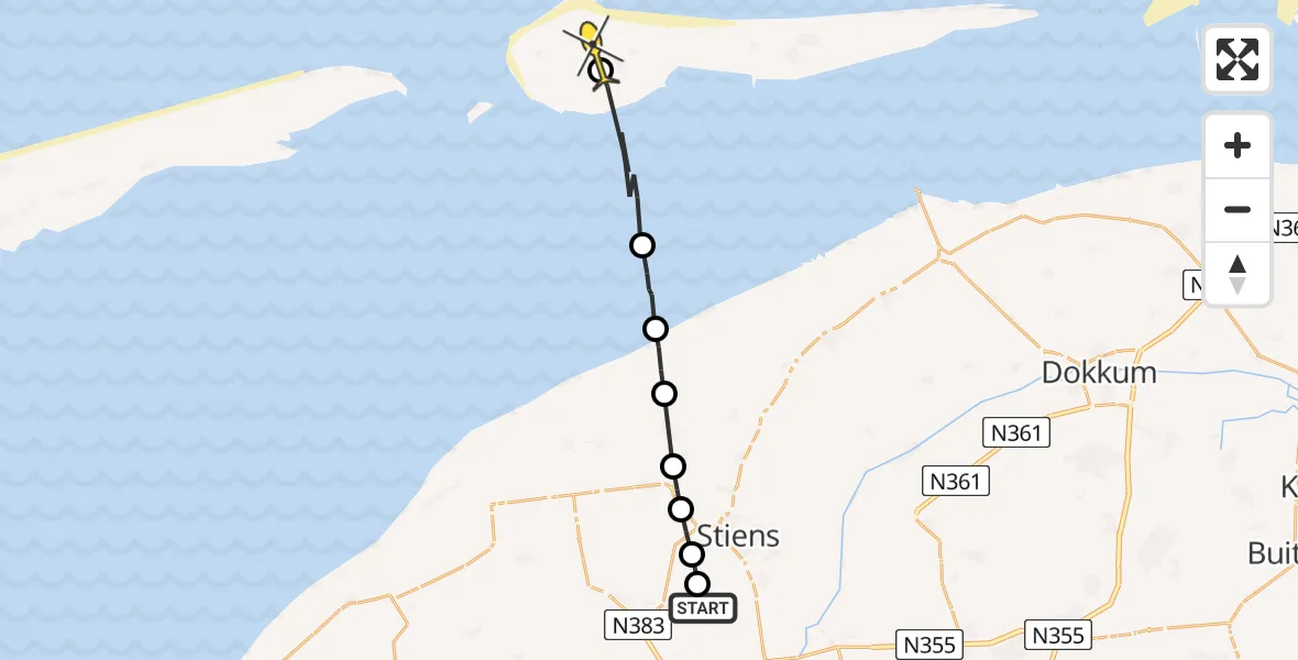 Routekaart van de vlucht: Ambulancehelikopter naar Ameland Airport Ballum, Skrédyk