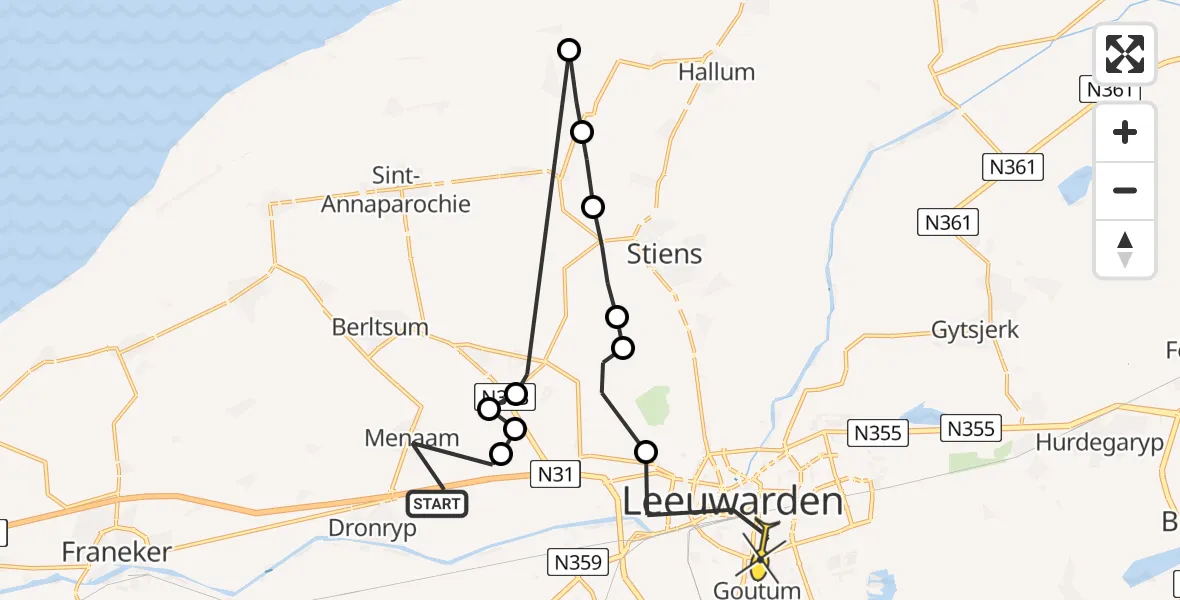 Routekaart van de vlucht: Ambulanceheli naar Leeuwarden, Nijlân