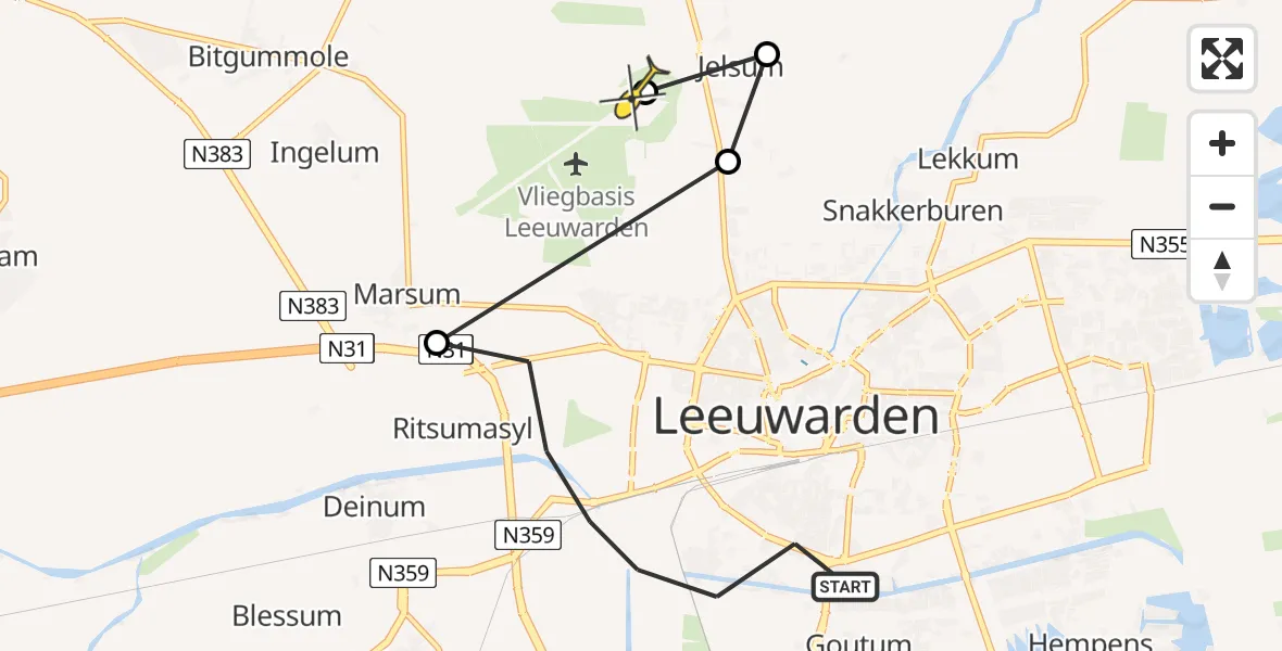 Vluchtroute Ambulancehelikopter van Leeuwarden naar Vliegbasis Leeuwarden